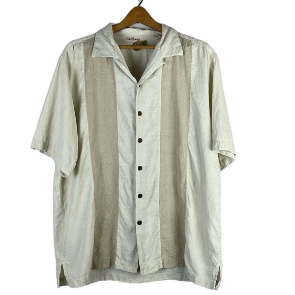 Caribbean Other - Caribbean Silk Blend Men Casual Short Sleeve Button Down Shirt SZ L Tan/Brown